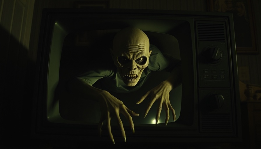 Creepy figure crawling out of a TV, vintage horror style, Oh Hi 2025 review.