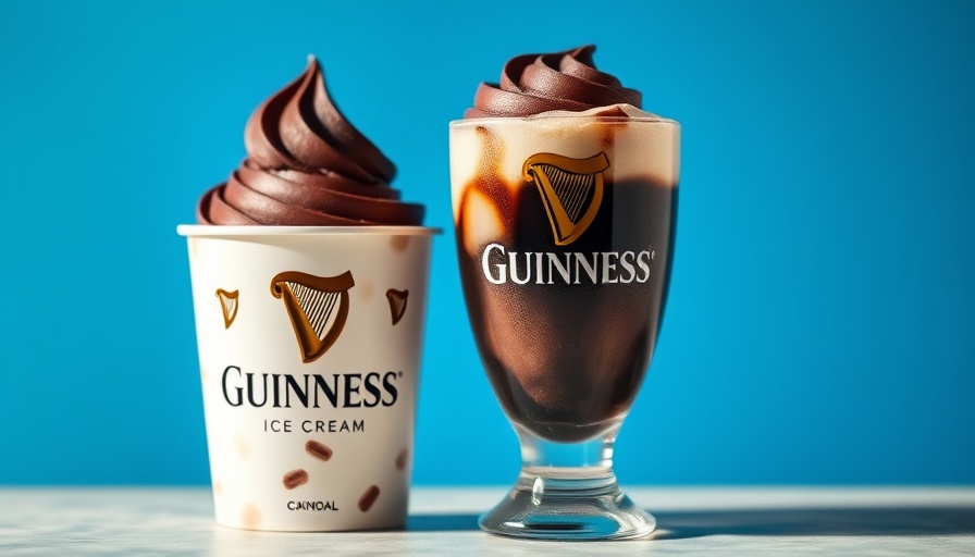Guinness-flavored ice cream in a glass next to container.