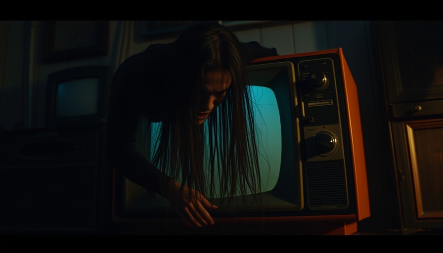 Creepy figure emerging from vintage TV in dimly lit room.