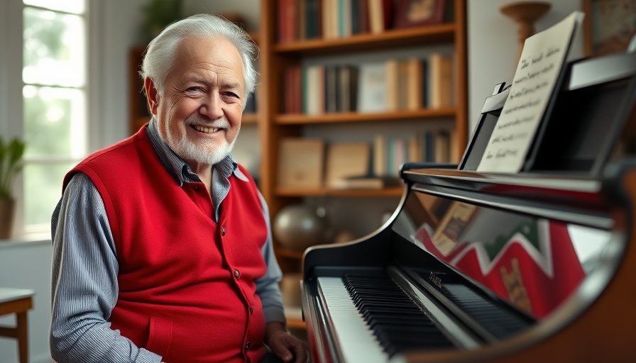 Elderly man by a piano, reflecting his image, in a warm room.