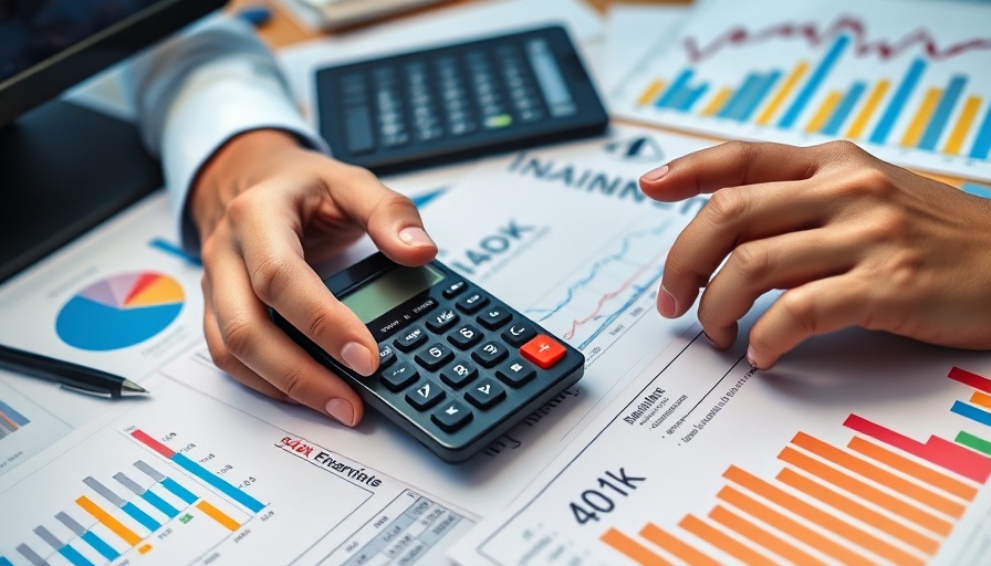 Financial analysis using 401(k) documents and calculator, colorful workspace.