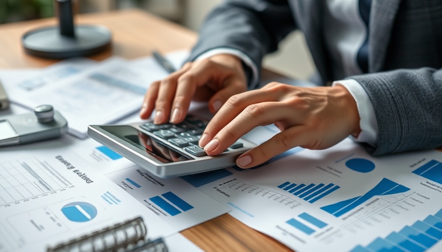 Person reviewing documents with calculator and business icons.