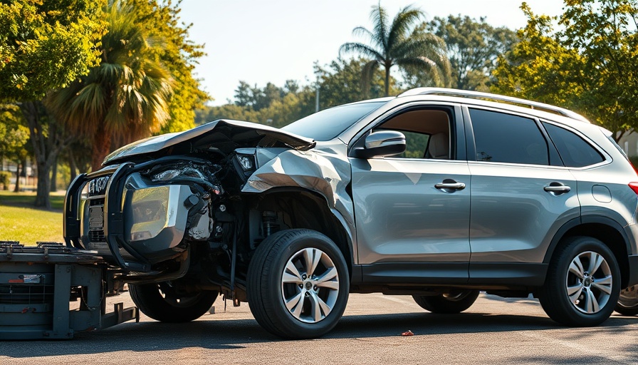 Crash test dummy in mock accident behind SUV under bright daylight.