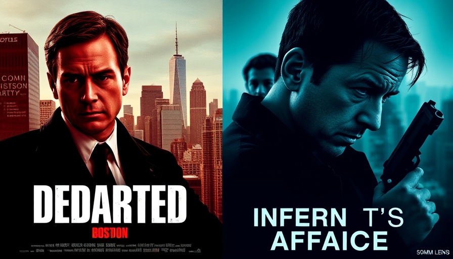 The Departed and Infernal Affairs movie poster comparison, dramatic tones.