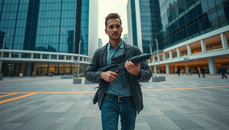 Surveillance footage capturing a man with a rifle in urban plaza, New York City shooting incident.