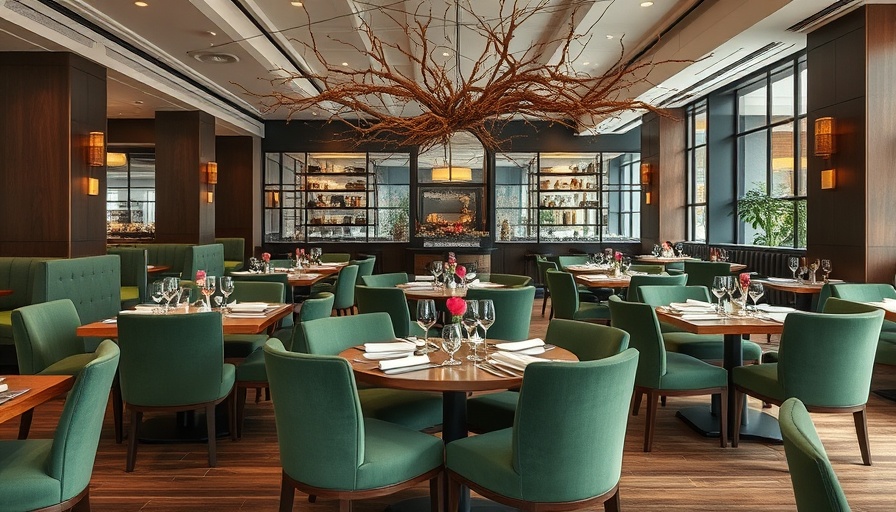 Interior of Banyan Bar with rustic decor, beautifully set tables, and soft lighting.