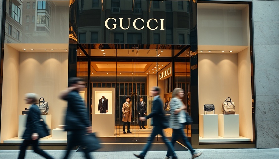 Gucci storefront with pedestrians, highlighting Gucci's sales plunge 25% topic.