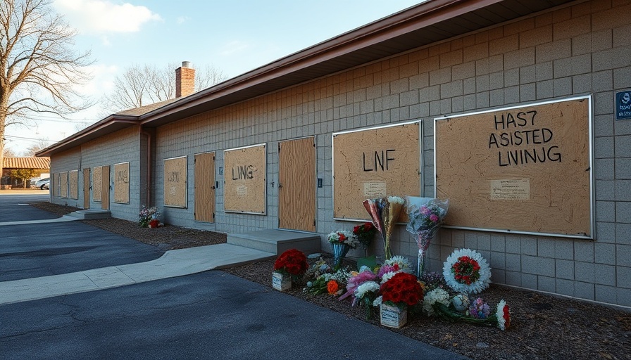 Gabriel House Assisted Living Facility boarded-up exterior with memorials.
