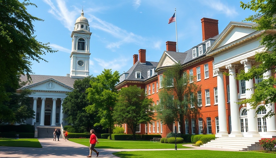 Harvard University campus featuring a white tower and greenery