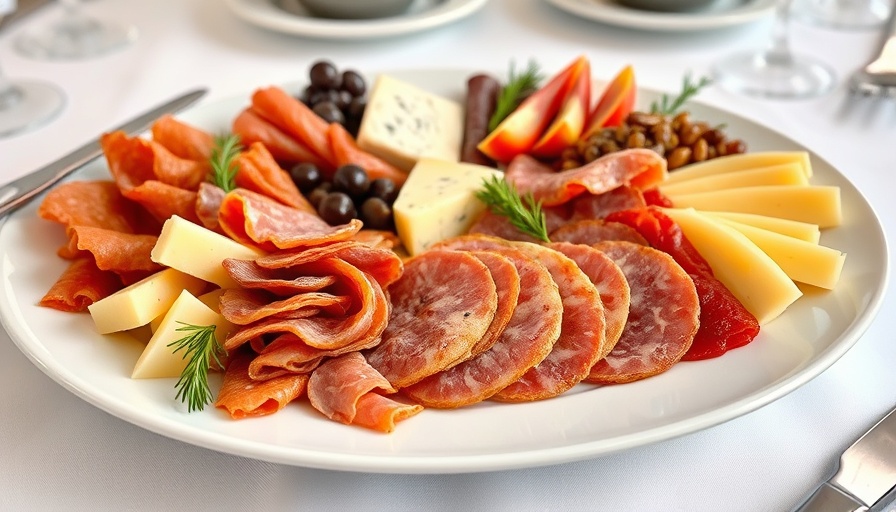 Close-up of charcuterie plate featuring cured meats and cheeses.