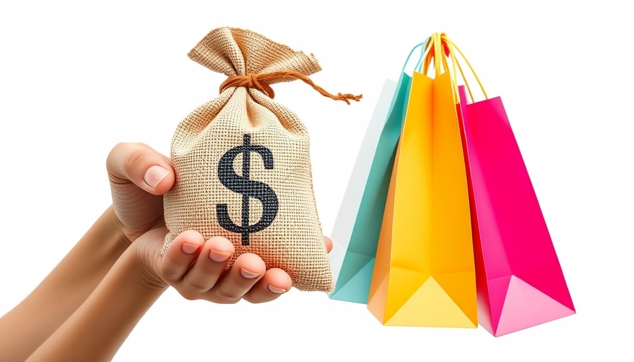 Hands exchanging money bag and shopping bags, symbolizing inventory financing options.