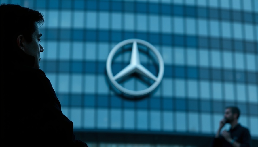 Silhouette with Mercedes-Benz logo on modern building facade. Luxury carmakers costs due to U.S. tariffs.
