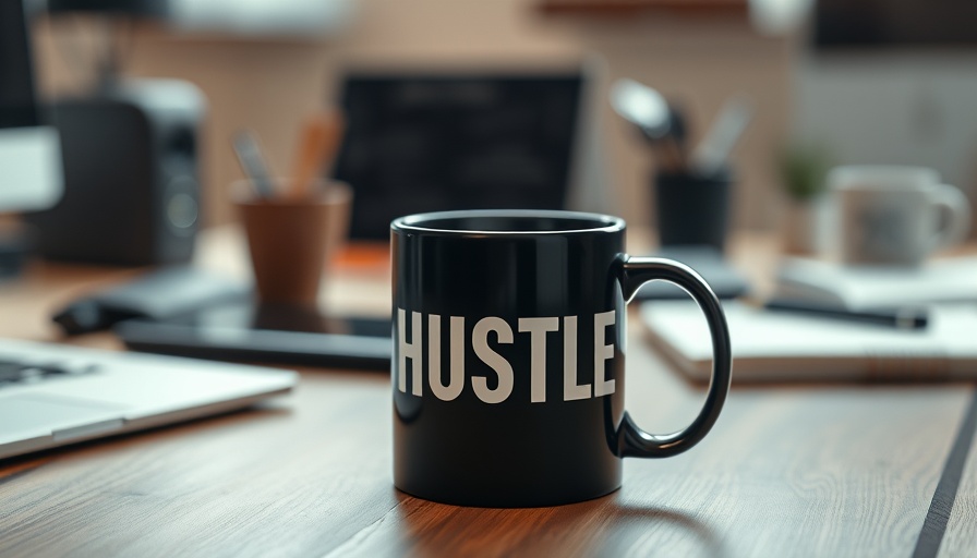 Minimalist mug with 'HUSTLE' on desk for ChatGPT prompts for side hustles.