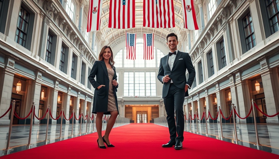 Kennedy Center event attendees on a red carpet under flags.