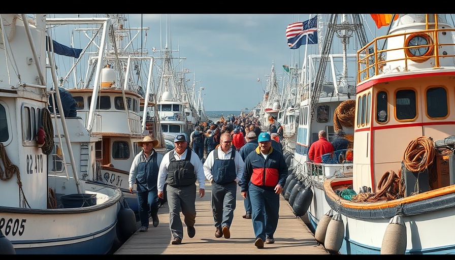 Massachusetts fishermen by scallop boats in a busy harbor.