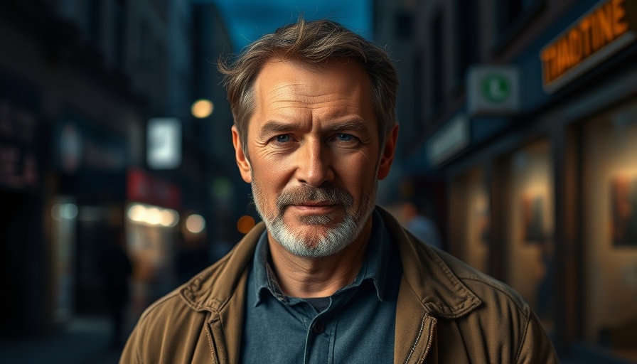 Middle-aged man with confident expression, dark urban background.
