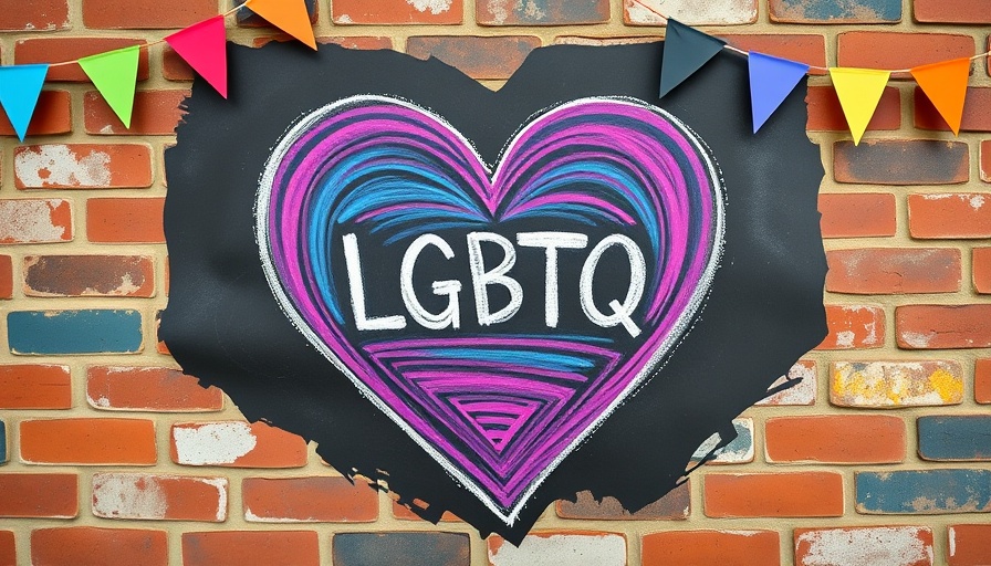 LGBTQ heart and flags on a brick wall, symbolizing inclusion.