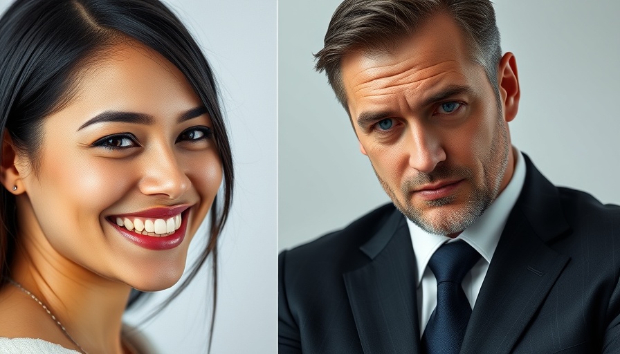 Side-by-side portraits of a woman and a man in a suit.