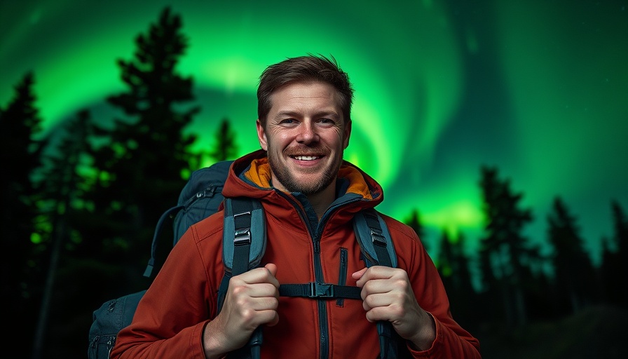 Outdoor enthusiast present camping gear under Northern Lights.