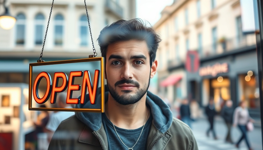 Young entrepreneur with 'Open' sign starting a business today.