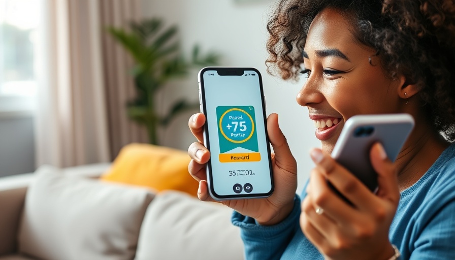 Happy person using smartphone earning points, driving repeat customers in retail.