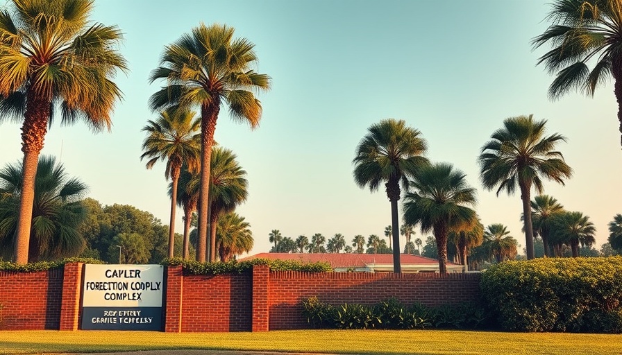 Entrance to Matsapha Correctional Complex with palm trees.