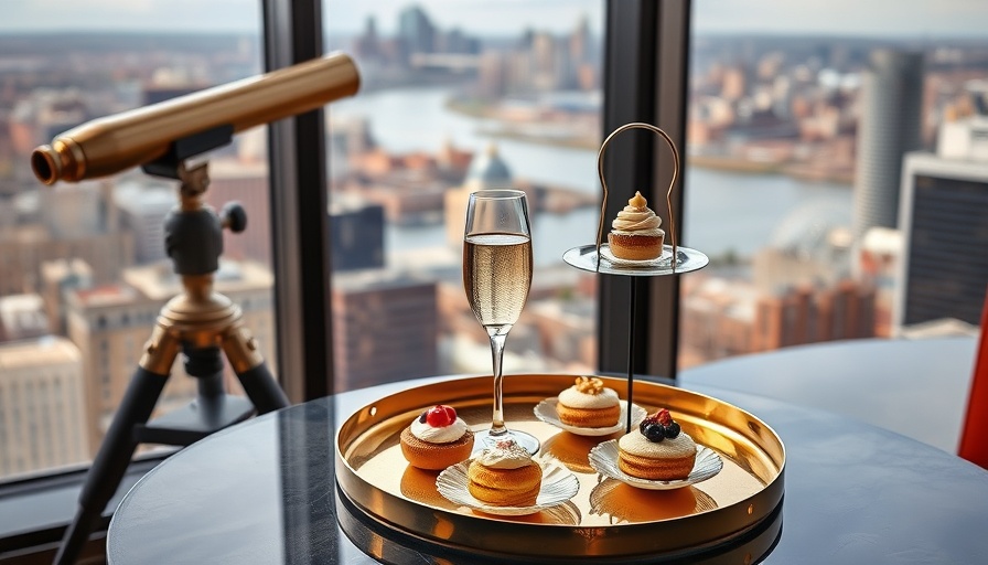 Luxurious high tea setup overlooking Back Bay Boston, featuring pastries and champagne.