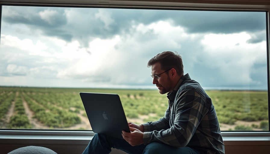 Storm chaser analyzing weather data on laptop, golf ball size hail frequency research.
