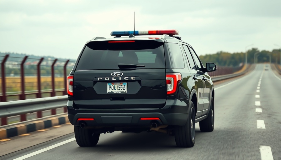 Police vehicle on bridge, rear view, beside fence.