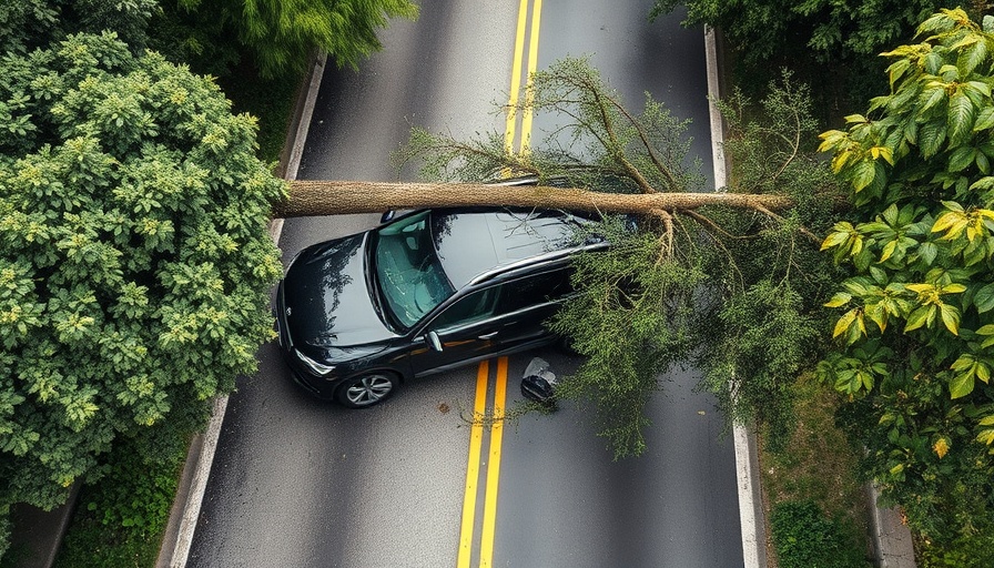 SUV damaged in falling tree accident in Boston suburb.