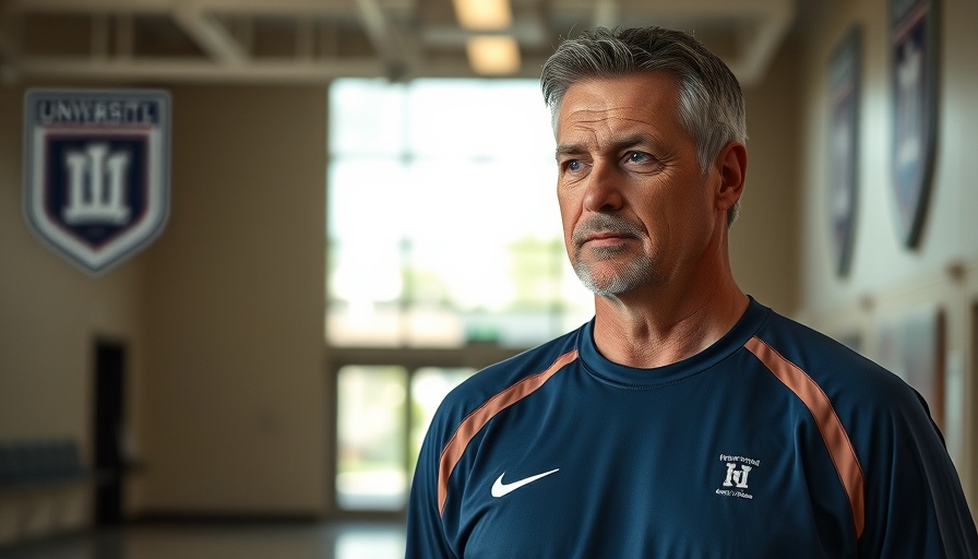 Coach standing by university logos indoors, thoughtful expression.
