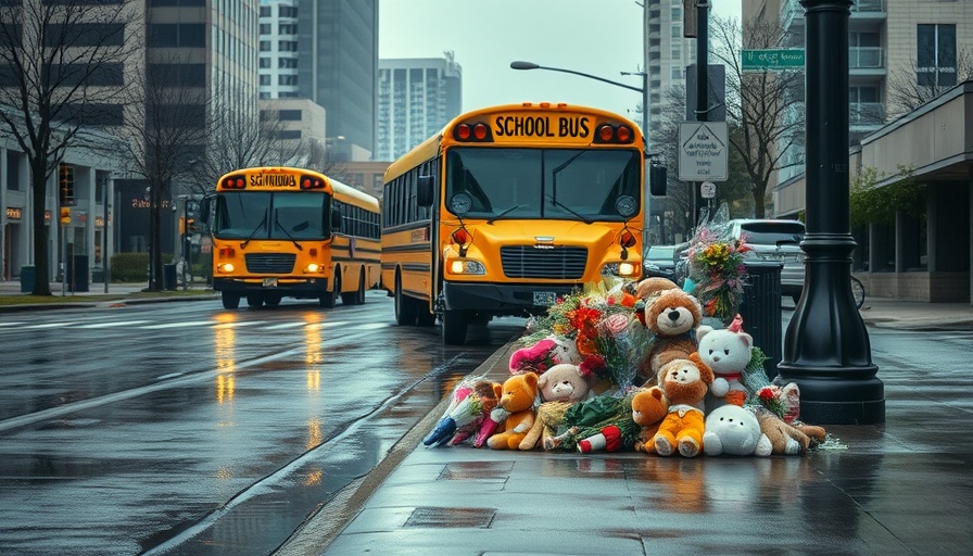 School bus halted by roadside memorial in city suburb, rainy day.