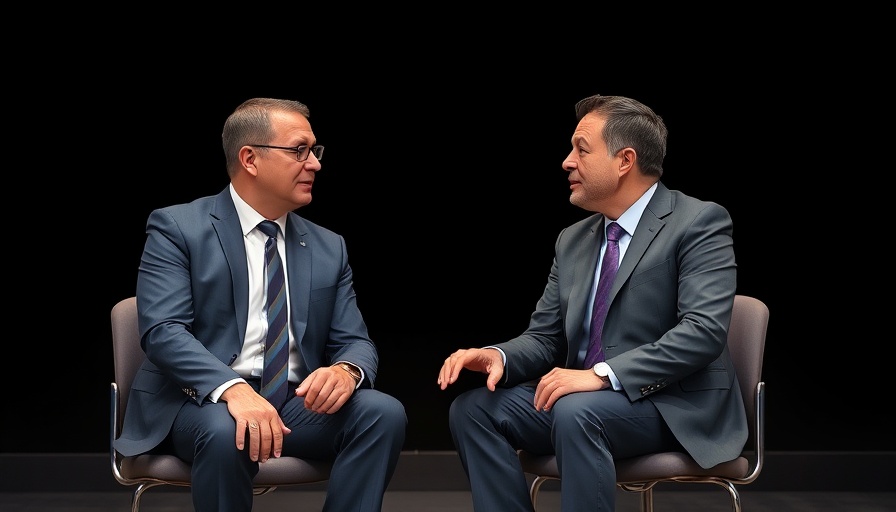 Discussion impacts investors, two men in suits on stage.