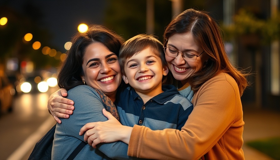 Missing Woburn boy reunites with family, joyful night scene on street.
