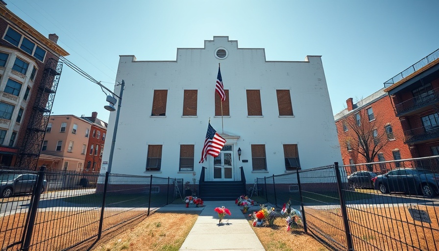 Gabriel House Fire Lawsuit, boarded building with memorial flowers.