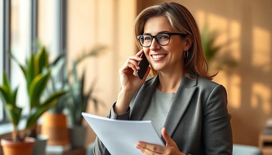 Confident business efficiency consultant on phone call in modern office.