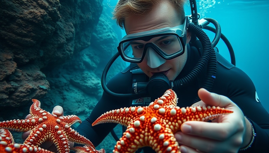 Underwater researcher examines sea stars amid sea star wasting disease.