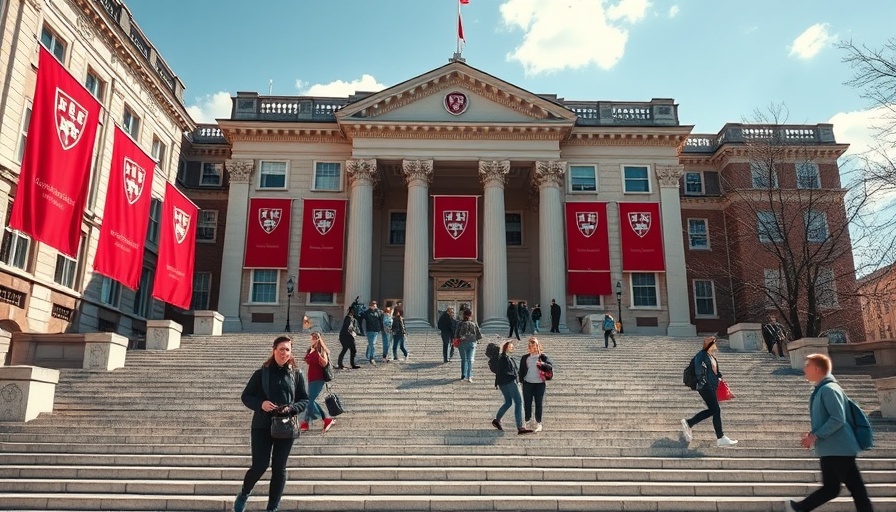 Harvard campus steps with students and red banners.