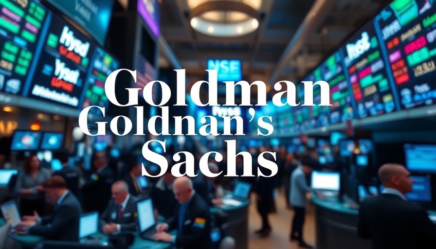 Stock trading floor with Goldman Sachs logo highlighting tech worker impact.
