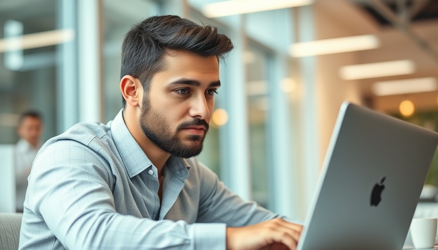 Focused man at laptop during new hire orientation schedule.