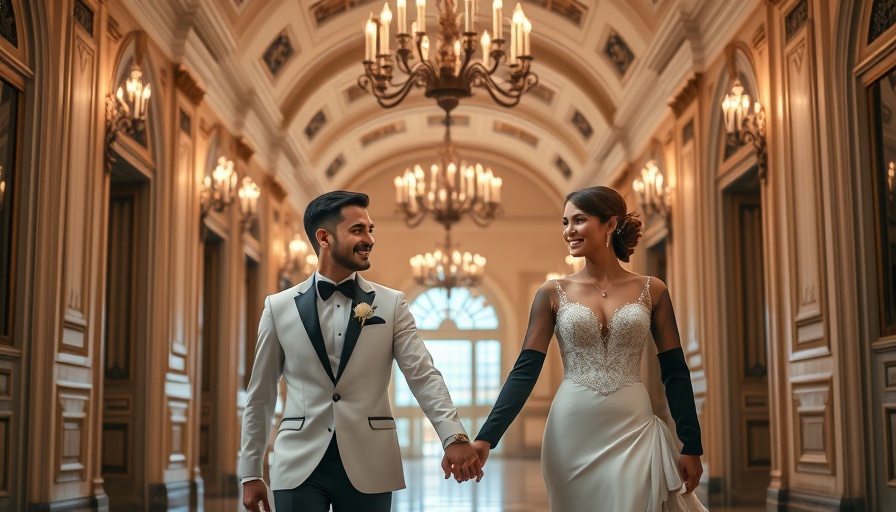 Elegant couple in a Boston Bridgerton wedding theme, ornate hallway.