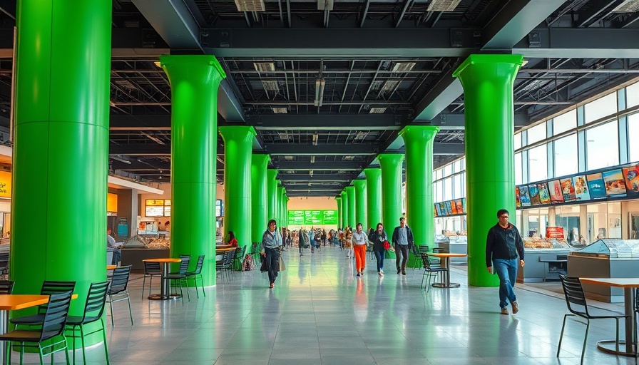 Super 88 food court with empty tables and green pillars.