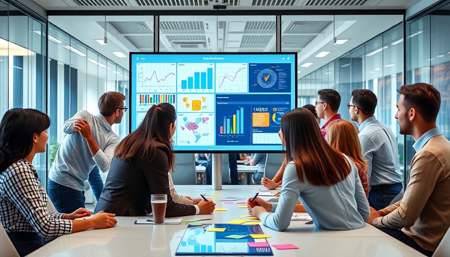Team meeting in modern office discussing data on screen for UCC lien.