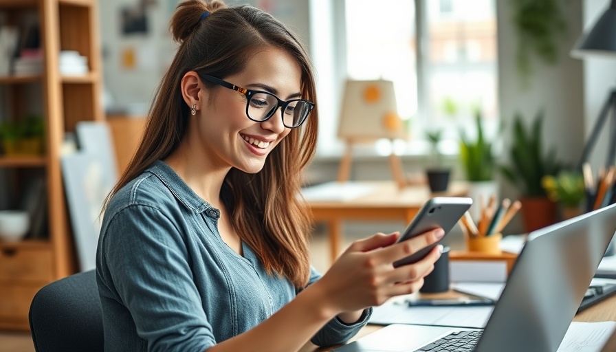 Woman at desk checking phone, Etsy starter checklist workspace.