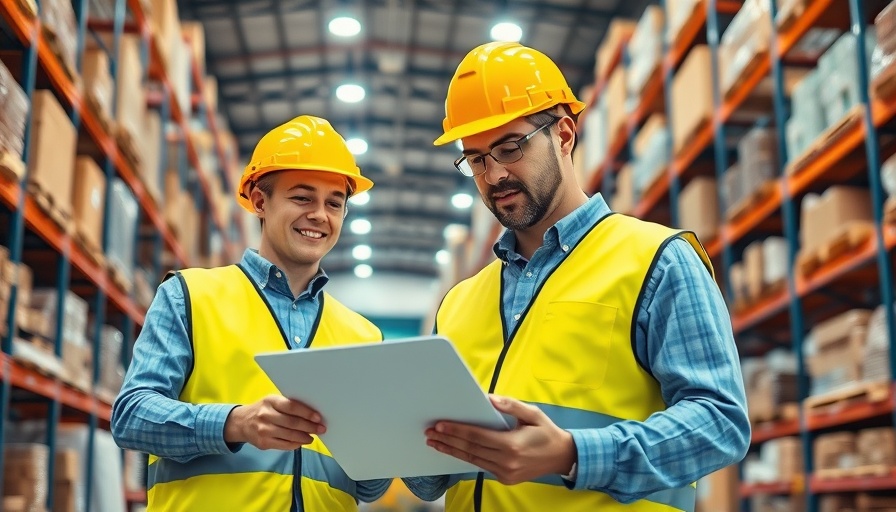 Warehouse workers discussing inventory management system, organized shelves.