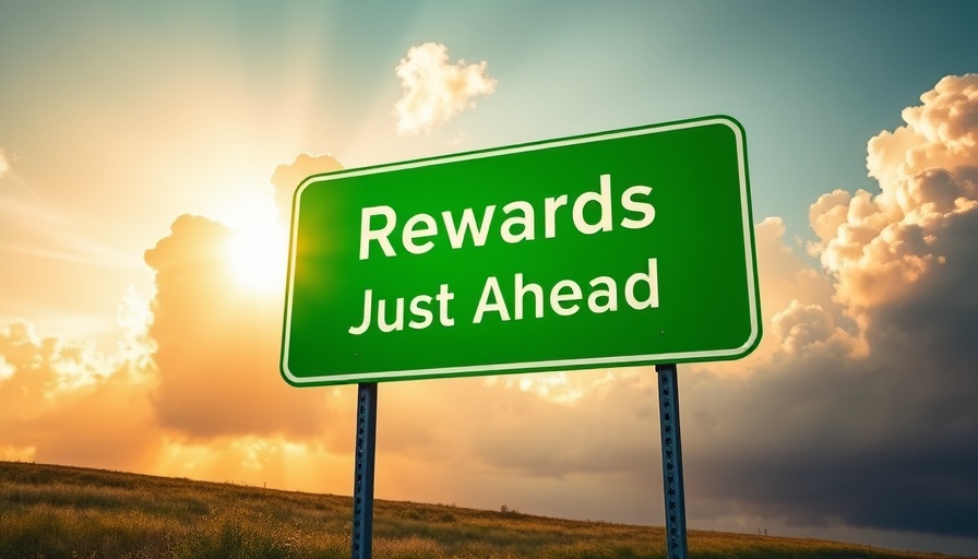Green road sign 'Rewards Just Ahead' under a cloudy sky, rewards programs.