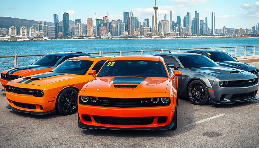 Dodge 2026 muscle car lineup showcasing vibrant models on a waterfront.