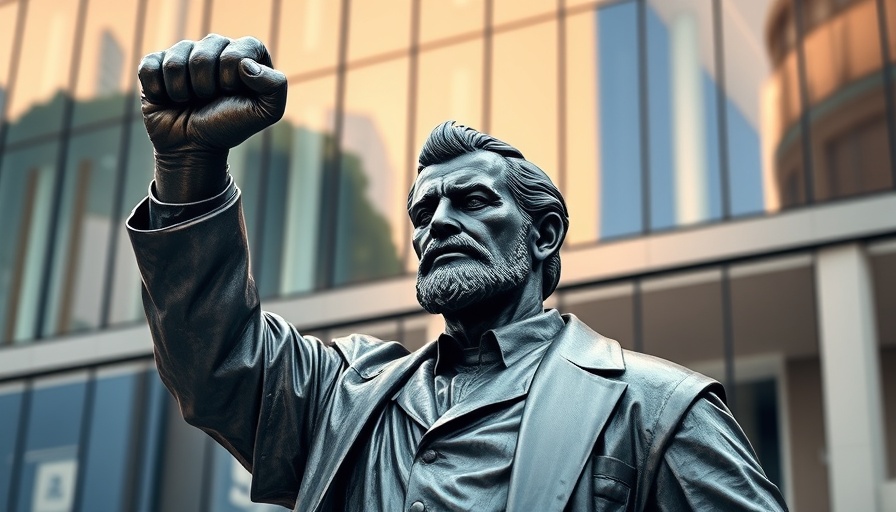 Bronze statue with raised fist in front of modern glass facade.