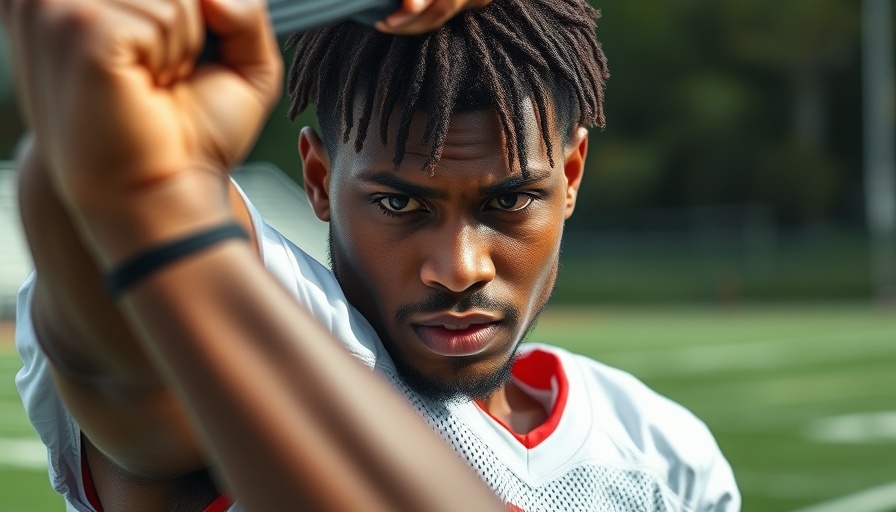 Football player stretching on the field, showcasing training routine.