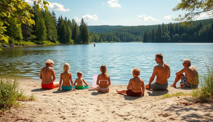 Families enjoying Walden Pond on a sunny day with a sandy beach and clear water.